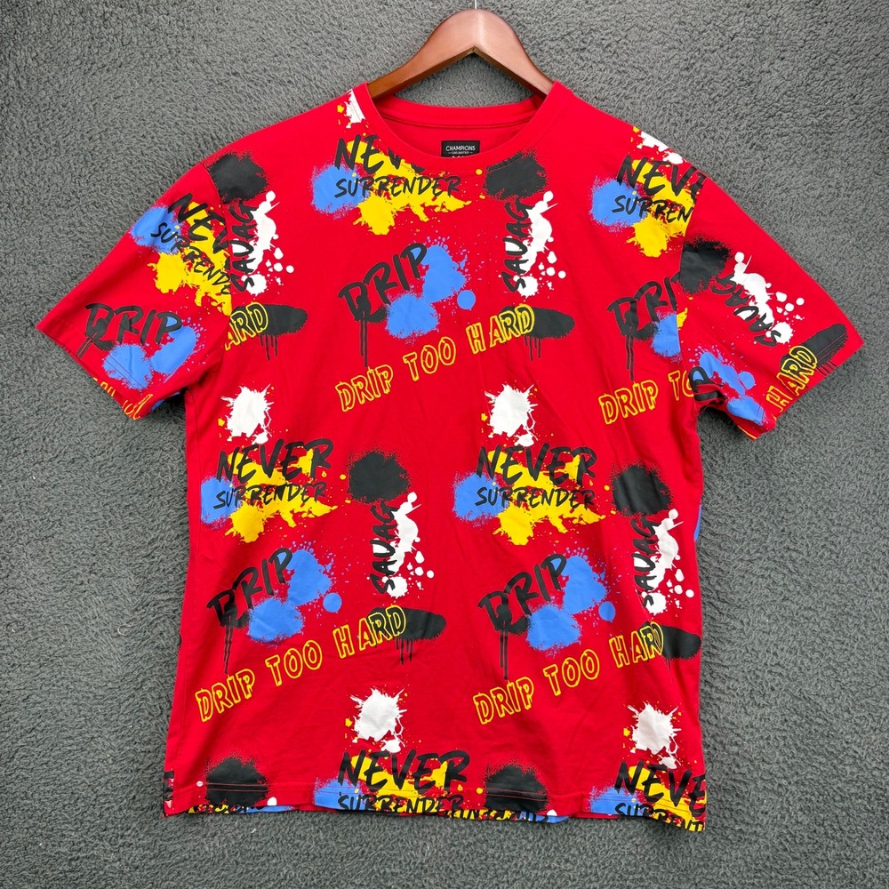 Champions Unlimited Mens XL Red Drip Too Hard All Over Print Graphic T-Shirt